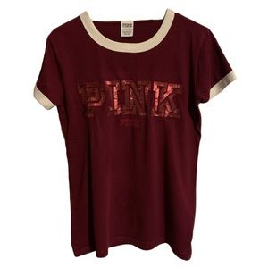 Victoria's Secret PINK Maroon Round Neck Cotton Tee with Shiny Logo Size XS